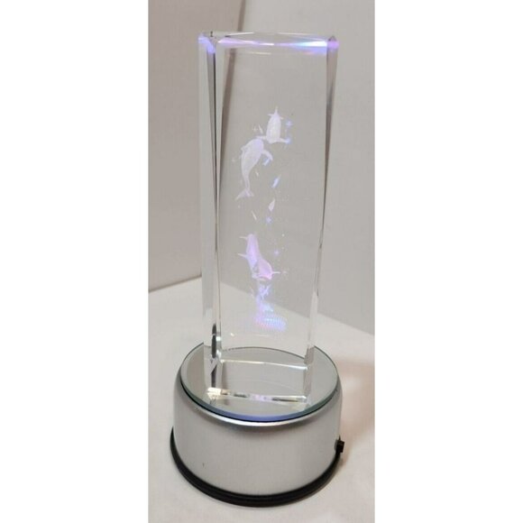 3D Laser Etched Dolphins Crystal Paperweight w/Lighting Base - Picture 8 of 16
